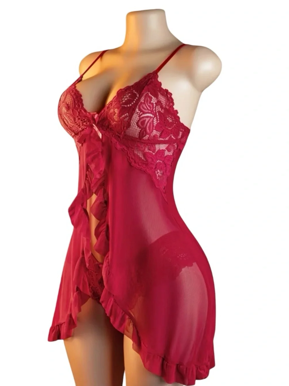 Sexy Red Lace Babydoll Lingerie Set Sheer Chemise Nightwear Sleepwear Women